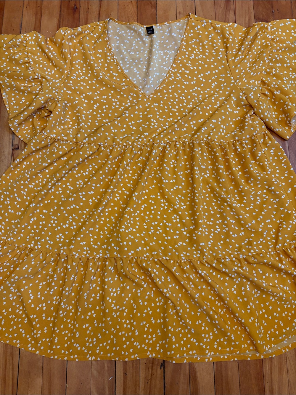 SHEIN Mustard Yellow Heart-Print Polyester Tiered Dress Flutter Sleeves Plus 3X